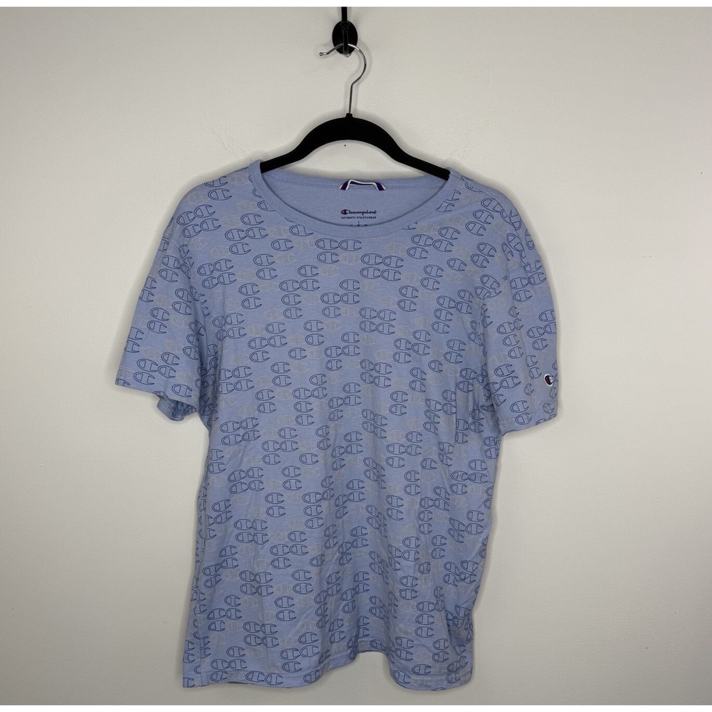 Champion Men's Athletic Wear Shirt Sz L Powder Blue Logo All Over Print AOP EUC